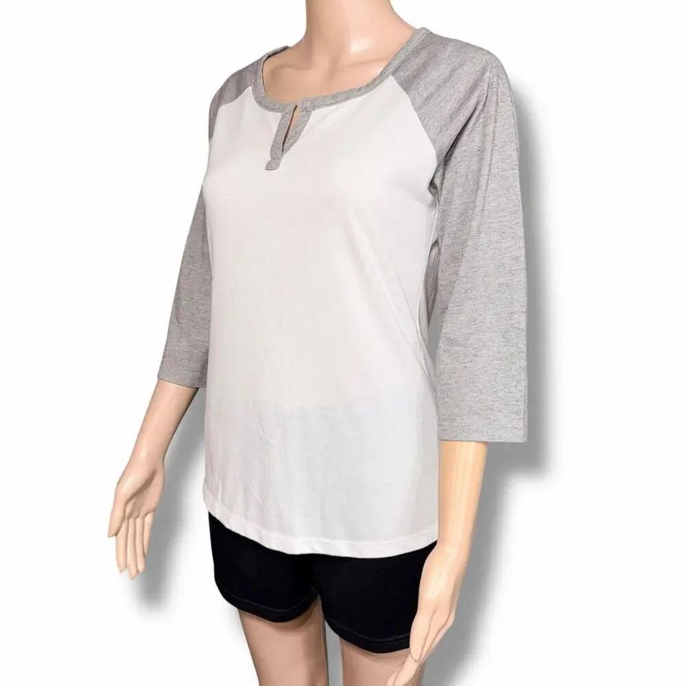 Athletic Works Womens T Shirt Top Sporty Raglan Sleeve Baseball T White Gray Sm